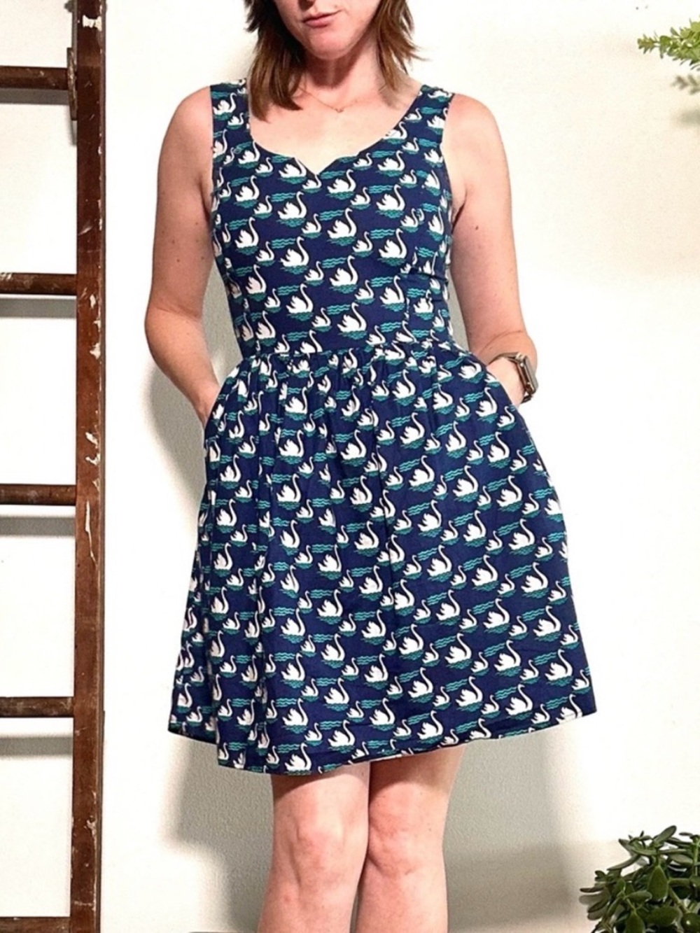 ModCloth Sleeveless Navy Swan Print Summer Dress